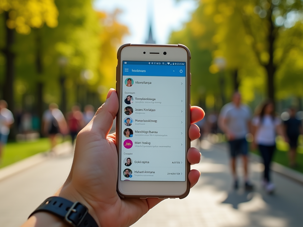На изображении телефон с открытым списком контактов на фоне парка с гуляющими людьми.