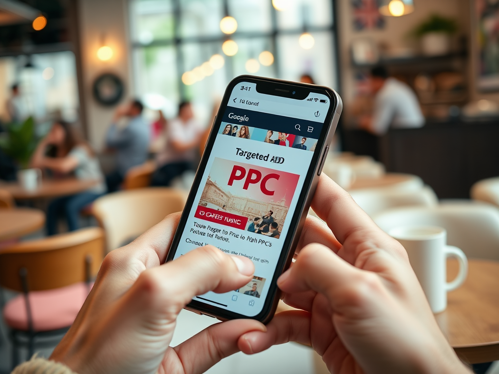 Мобильный телефон в руках, на экране реклама PPC в кафе с людьми на фоне.