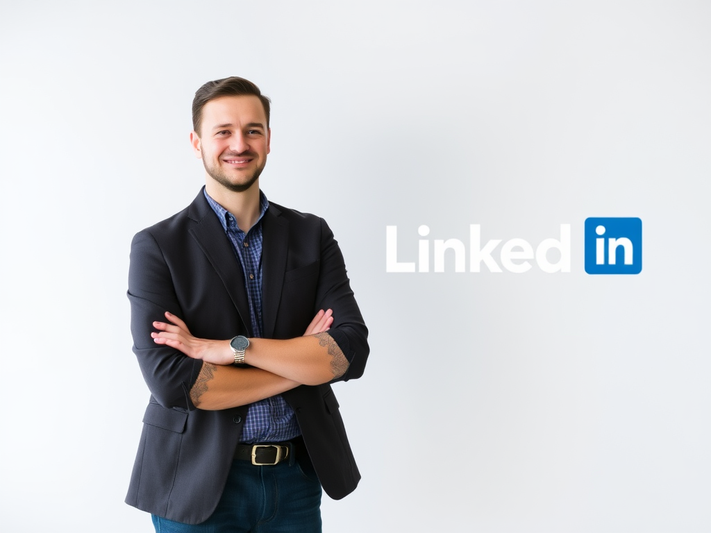 Человек в деловом костюме стоит с перекрестными руками на фоне логотипа LinkedIn.