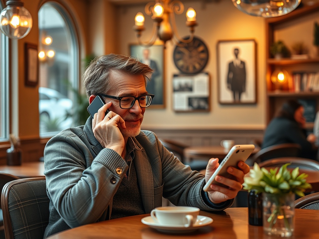 Мужчина в кафе говорит по телефону, смотрит на экран другого телефона и держит чашку кофе.