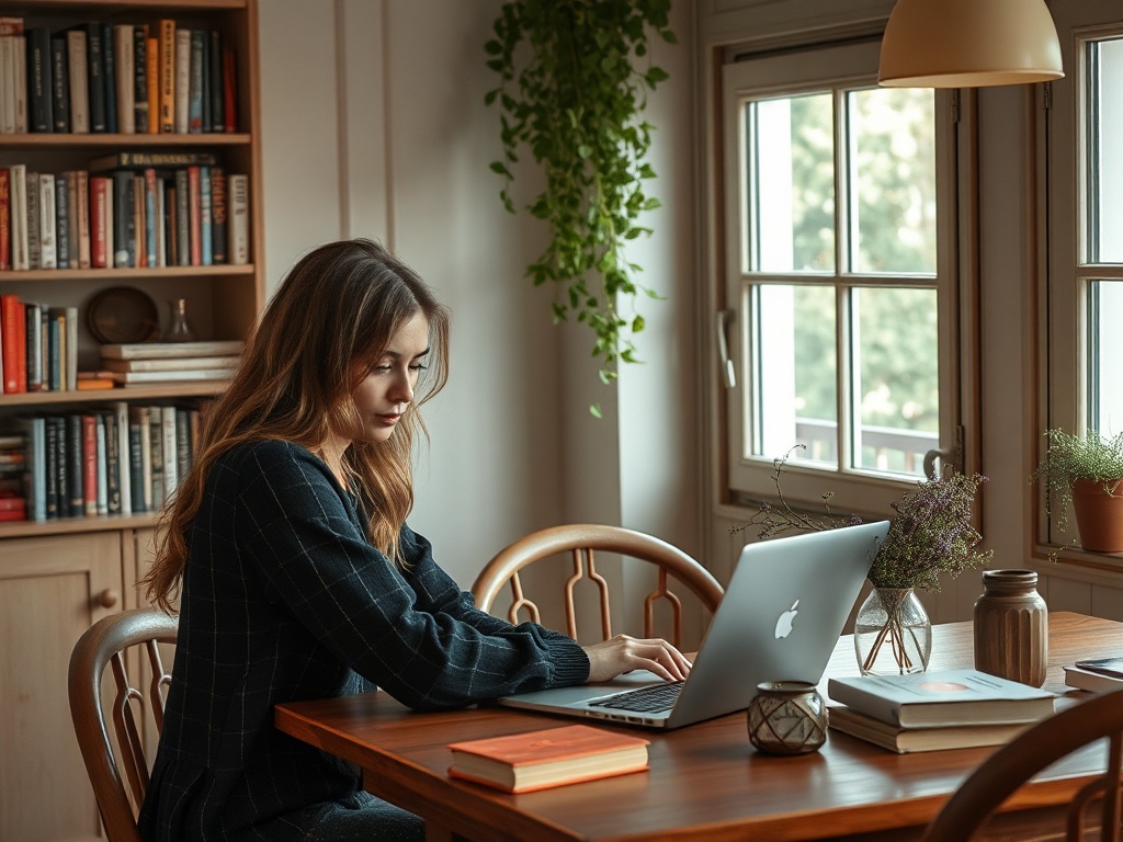 Женщина работает за столом с ноутбуком, окруженная растениями и книжными полками, в уютном помещении.