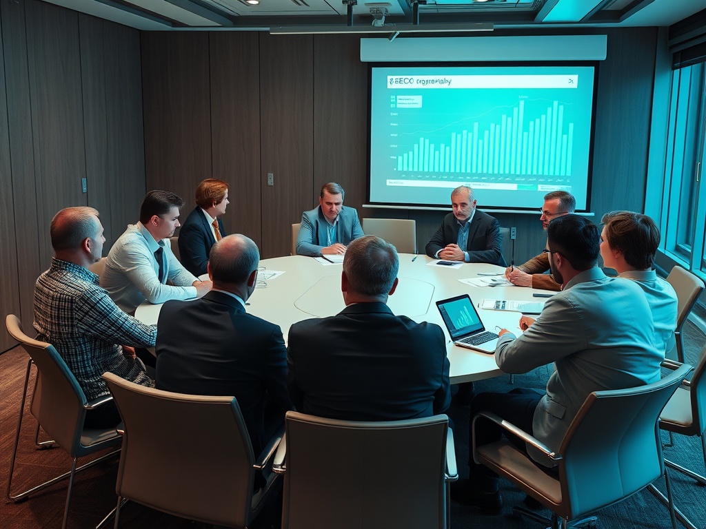 На встрече в конференц-зале обсуждают графики и стратегии, сидя вокруг круглого стола.