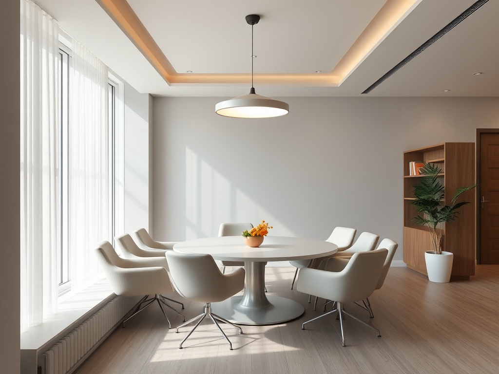 Современный офис с круглым столом, креслами и полкой для книг. Много света и минималистичный дизайн.